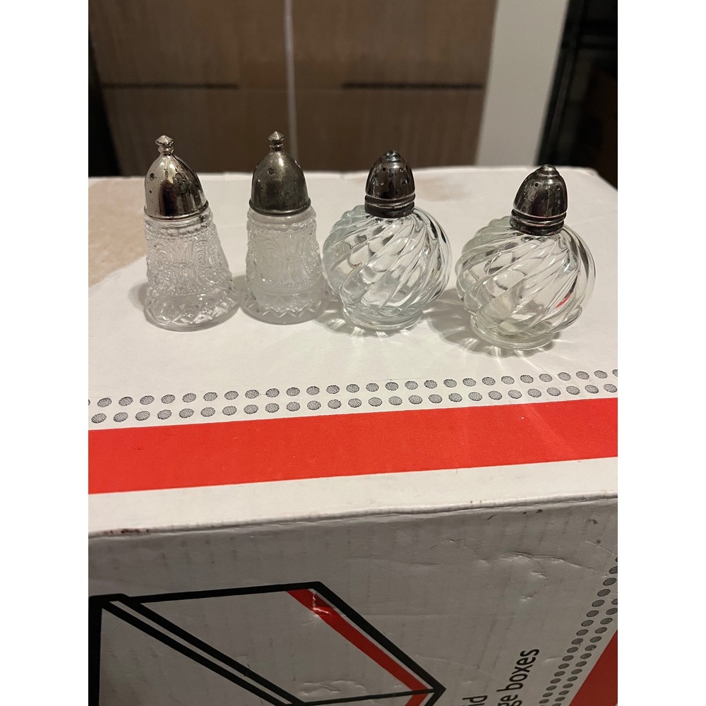 Vintage Glass Salt Pepper Shakers Set Silver Tone Metal Caps Ornate Etched